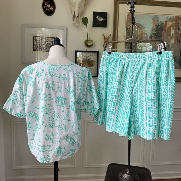 Vintage 90s Mint Green Abstract Tribal Print Shorts Shirt Set XL 1X - Picture 2 of 6